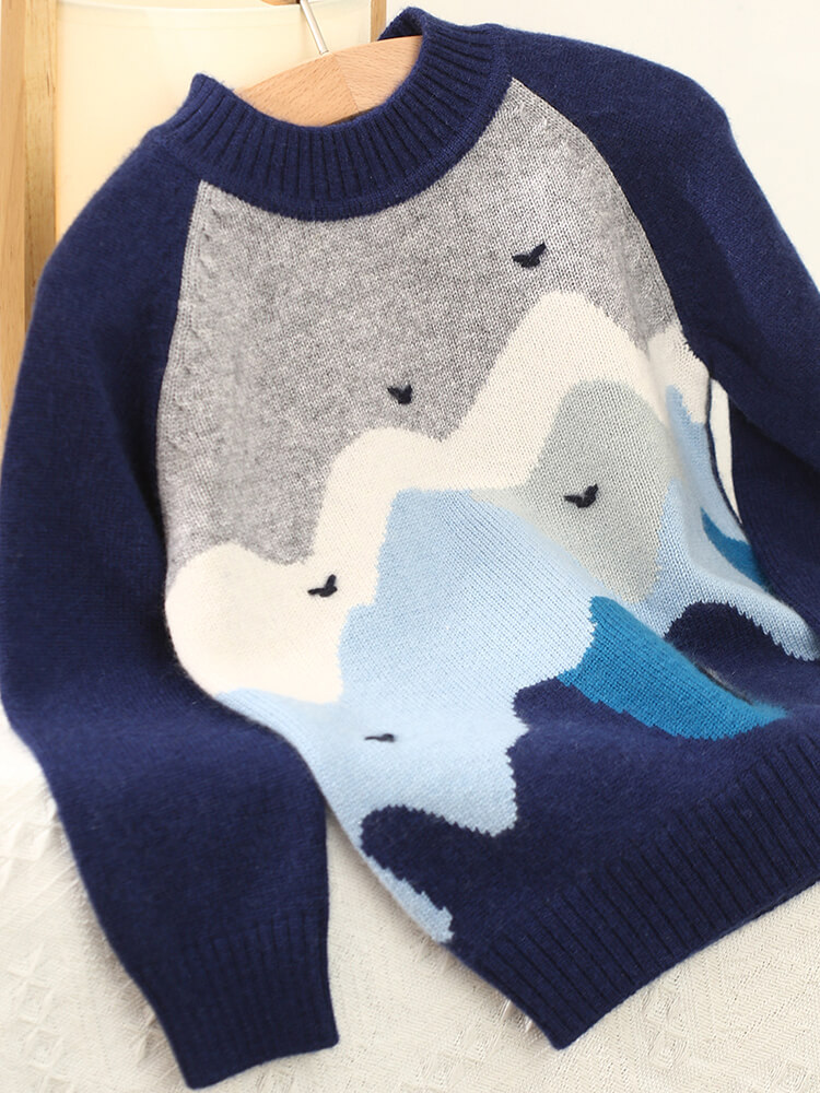 Kids Navy Blue Ocean Scene Cashmere Crew Neck Sweater
